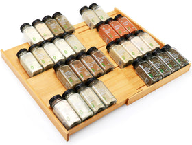Thalomely bamboo spice drawer expands from 12 to 23 inches for flexible drawer fit.