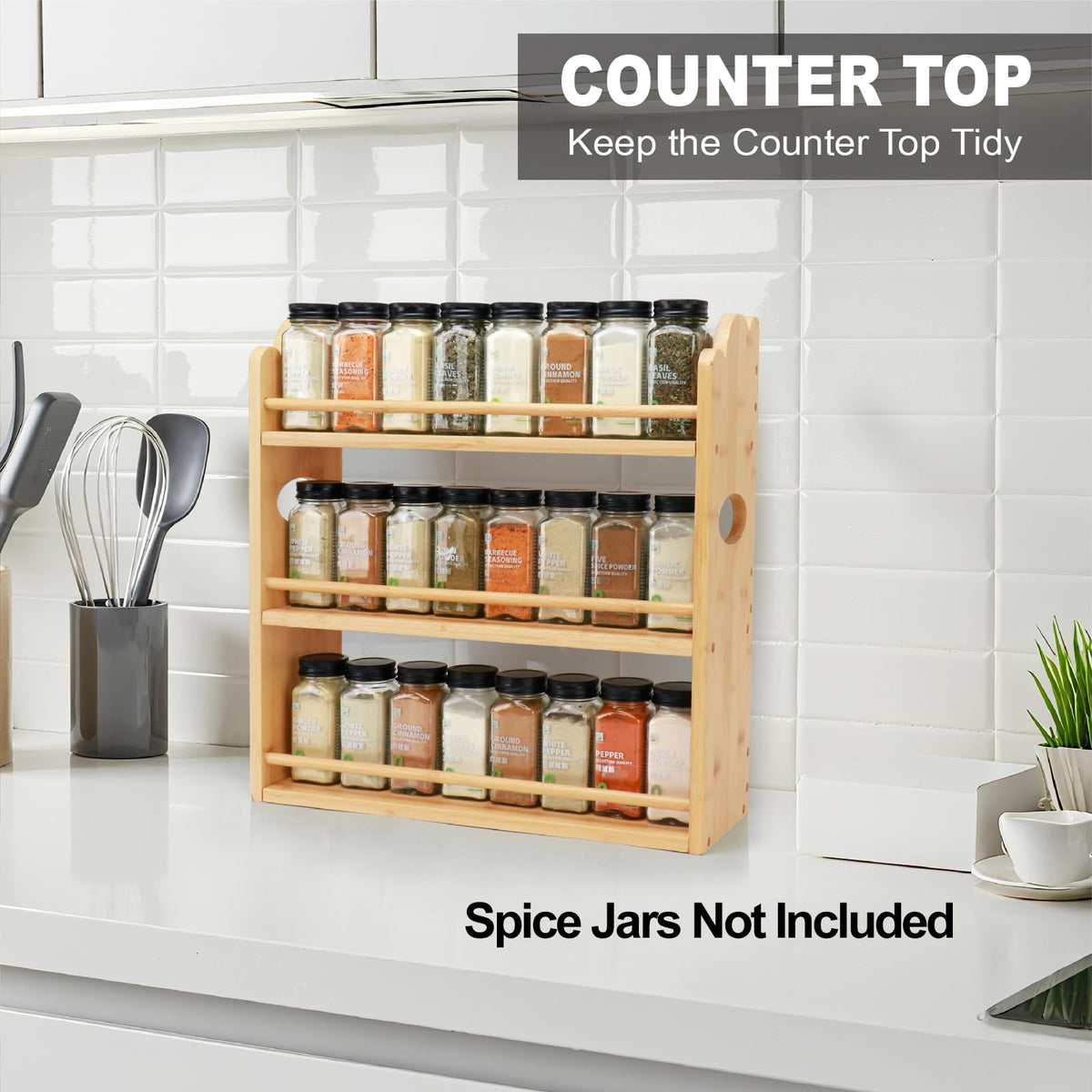 Thalomely bamboo spice rack wall-mount-ready with hardware for secure kitchen installation.