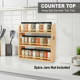 Thalomely bamboo spice rack wall-mount-ready with hardware for secure kitchen installation.