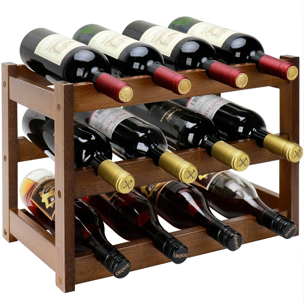 Thalomely bamboo wine rack 3-tier holds 12 bottles on a sturdy, compact countertop.