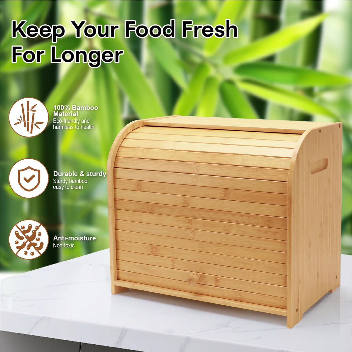 Thalomely bread box on the counter fits large loaves and pastries.