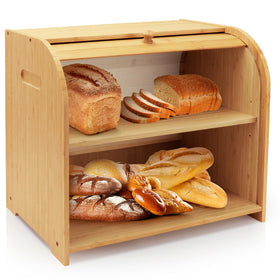 Thalomely bread box roll-top lid for space-saving storage and quick access.