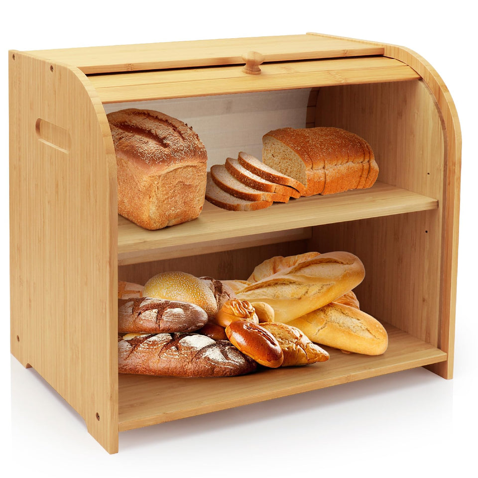 Thalomely bread box roll-top lid for space-saving storage and quick access.