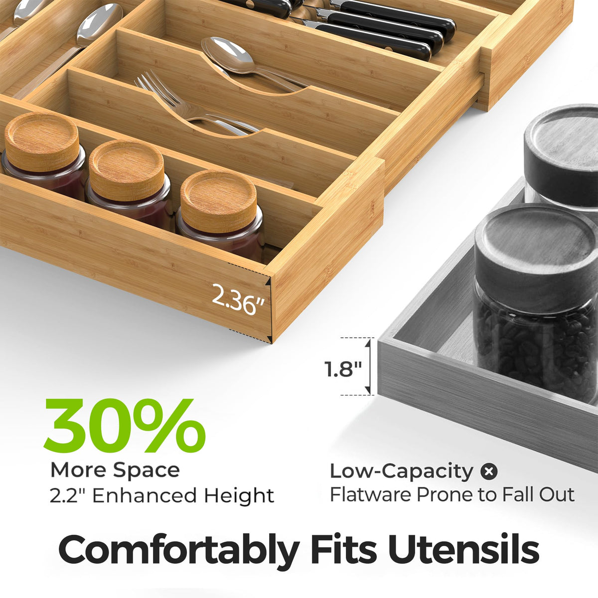 Thalomely deep slots measure 2.36 inches for tall utensils.