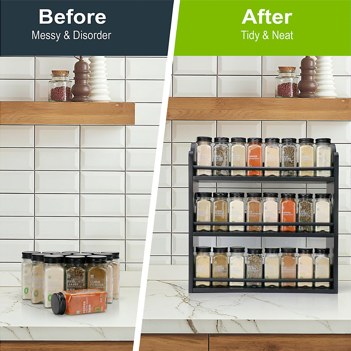 Thalomely spice rack with handles for easy transport between spaces.
