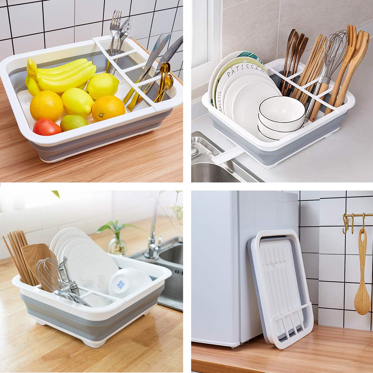 Thanstar collapsible dish drying rack collapsed for compact storage after meals.