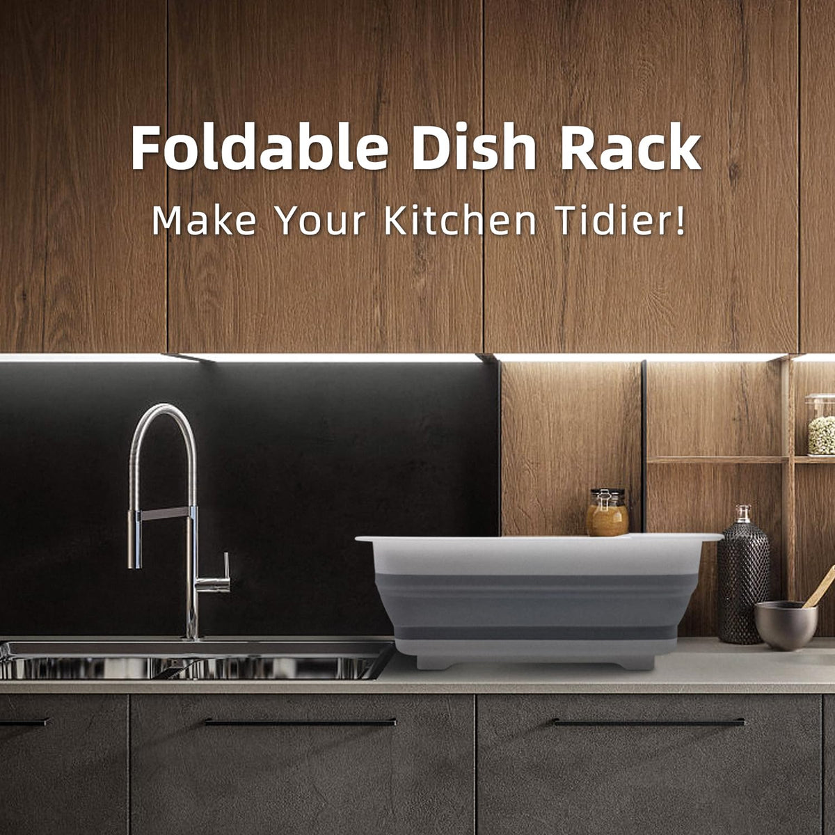 Thanstar collapsible dish drying rack collapsed, stores flat under sink.