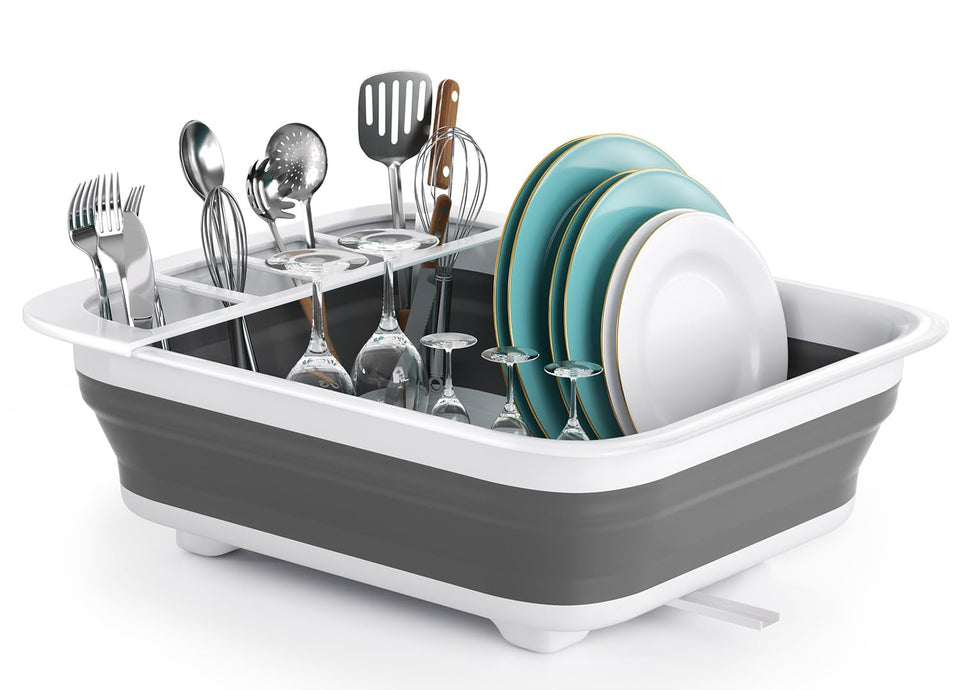 Thanstar collapsible dish drying rack in RV kitchen on grey countertop, space-saving design