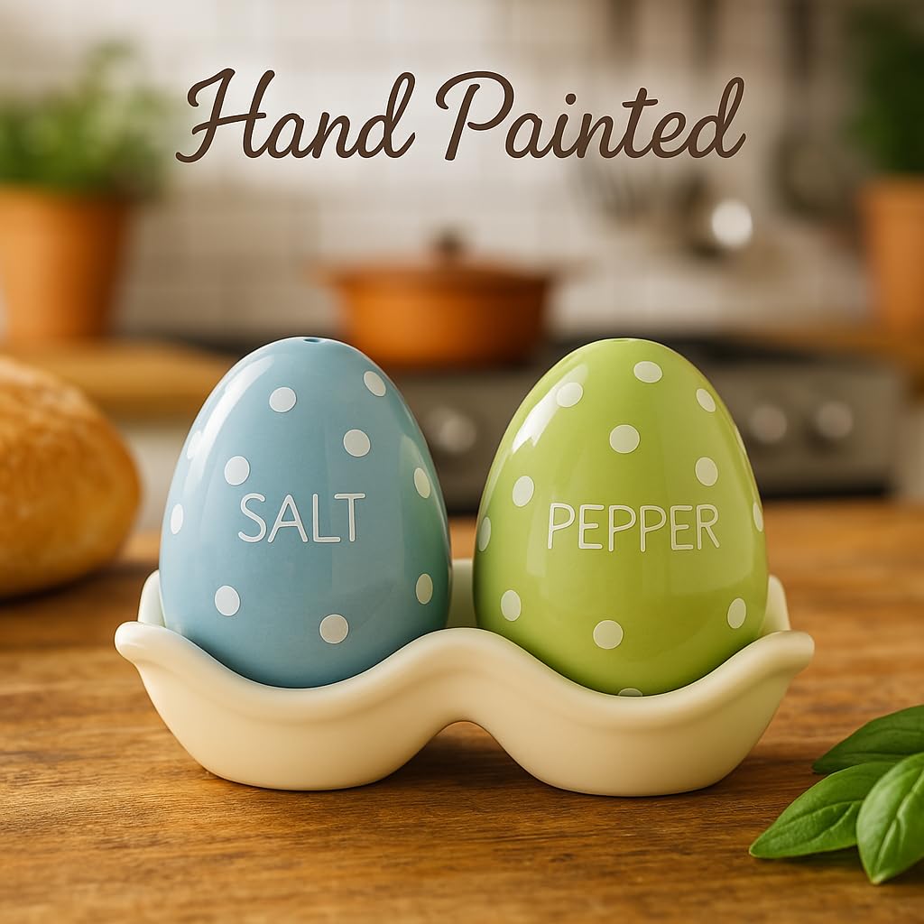 The Bridge Collection ceramic egg-shaped shakers resting in a decorative egg-carton crate.