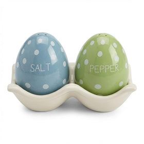The Bridge Collection polka-dotted egg salt and pepper set on Easter table decor.