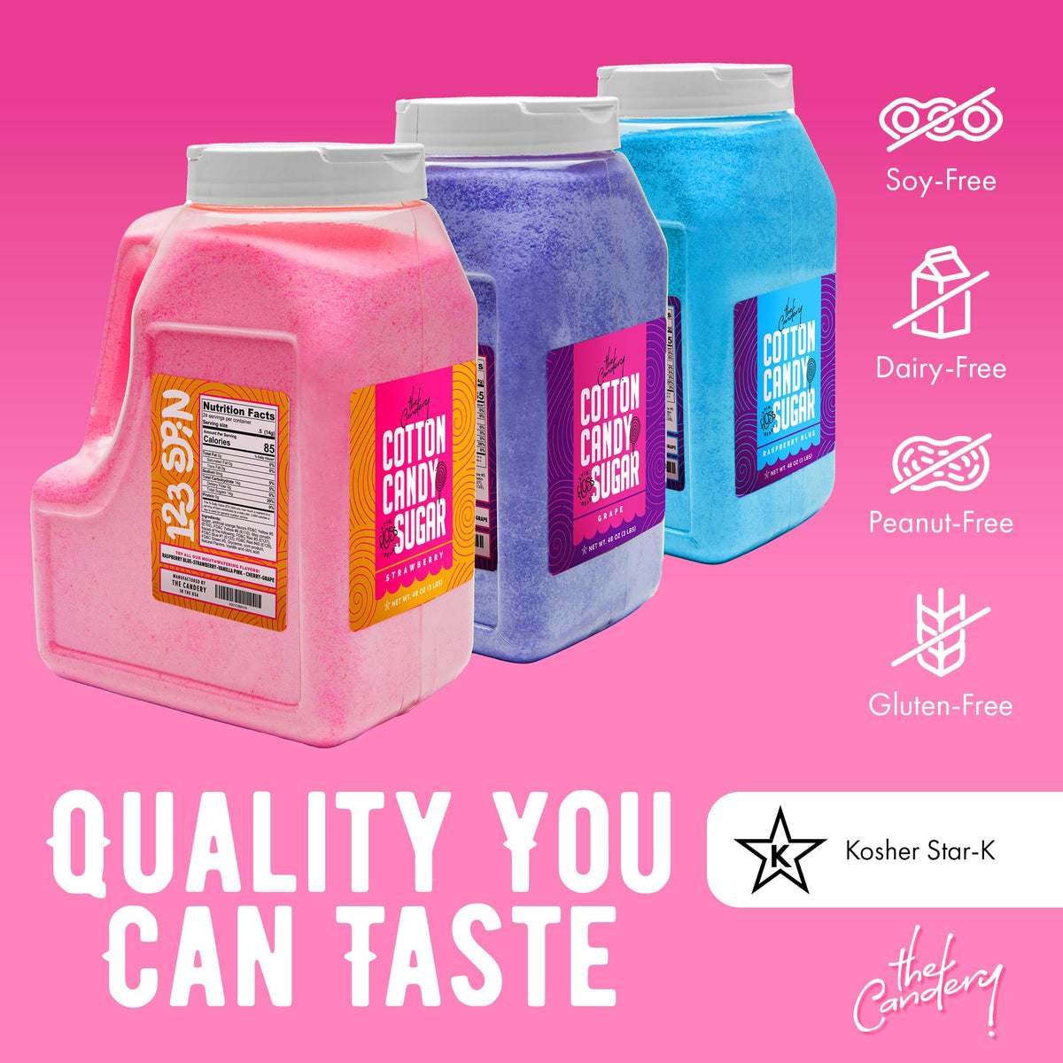 The Candery cotton candy sugar 3-pack on a kitchen shelf for entertaining