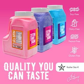 The Candery cotton candy sugar 3-pack on a kitchen shelf for entertaining