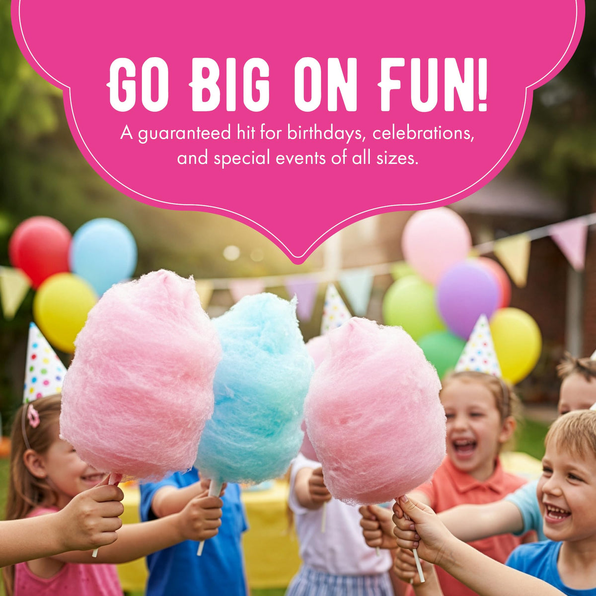 The Candery Cotton Candy Sugar party-setup with colorful floss sugar display