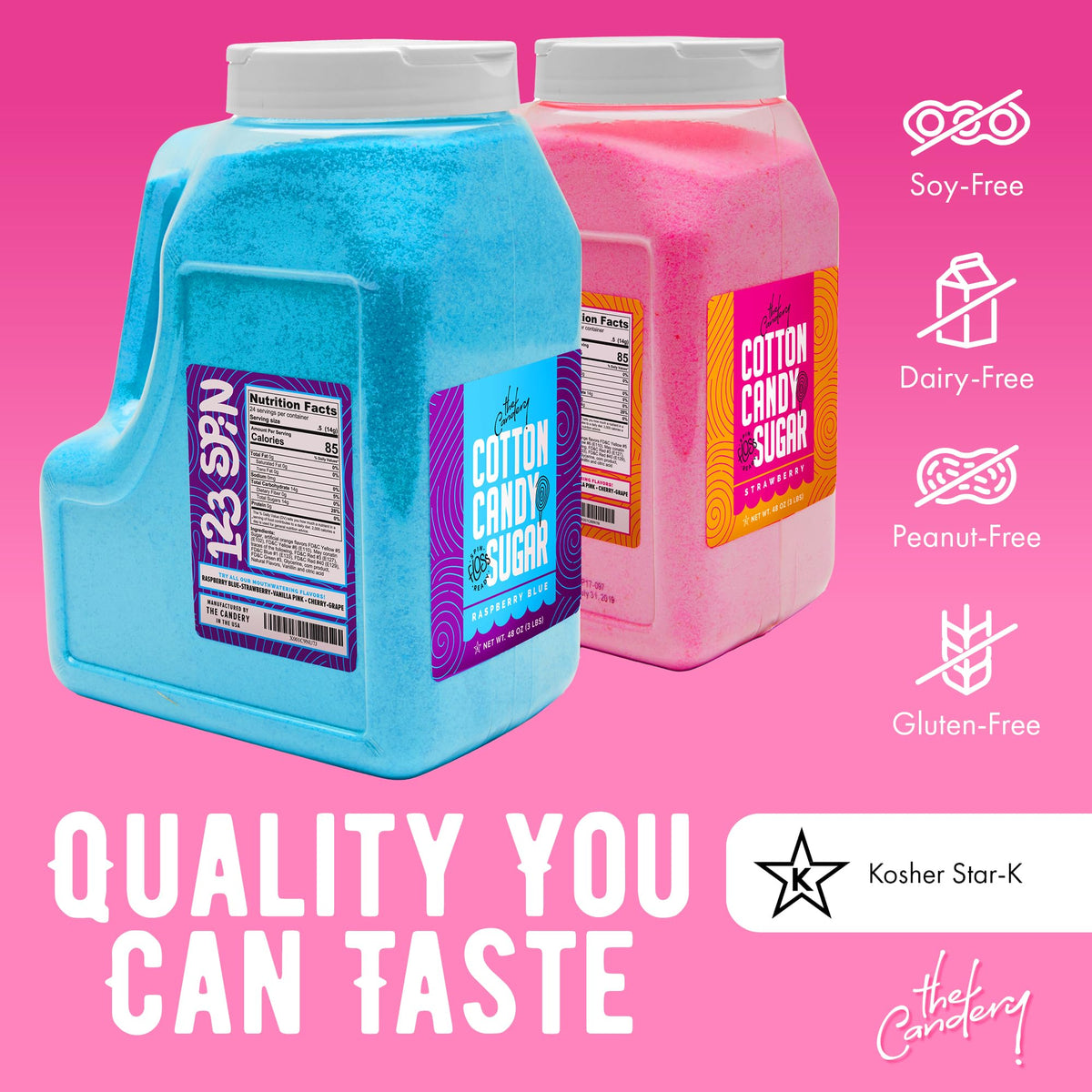Kosher-certified The Candery sugar with Star-K label ensuring trusted quality.