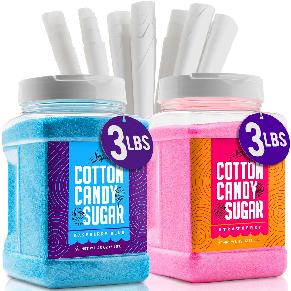 The Candery Raspberry Blue cotton candy sugar jar ready for home parties.
