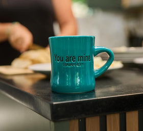 The Chosen You Are Mine teal mug, compact 3.5" x 4" dimensions fit in cupboards.
