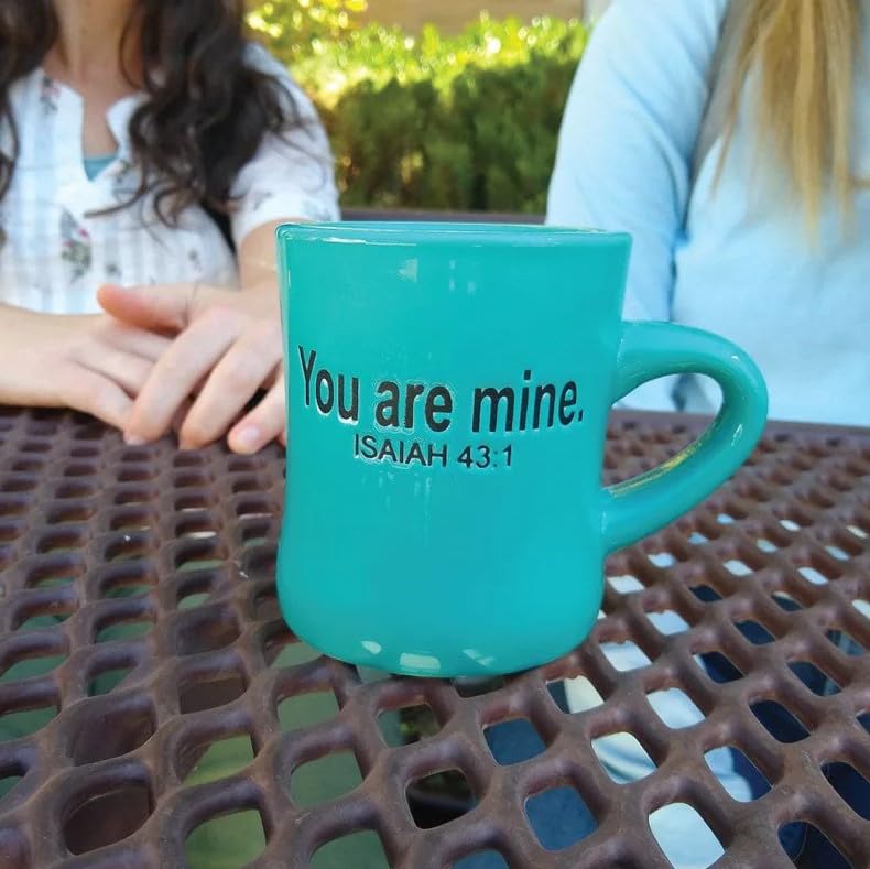The Chosen You Are Mine mug in teal, microwave-safe for quick reheats.