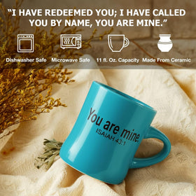 The Chosen You Are Mine mug in teal, side view showing the comfortable handle.