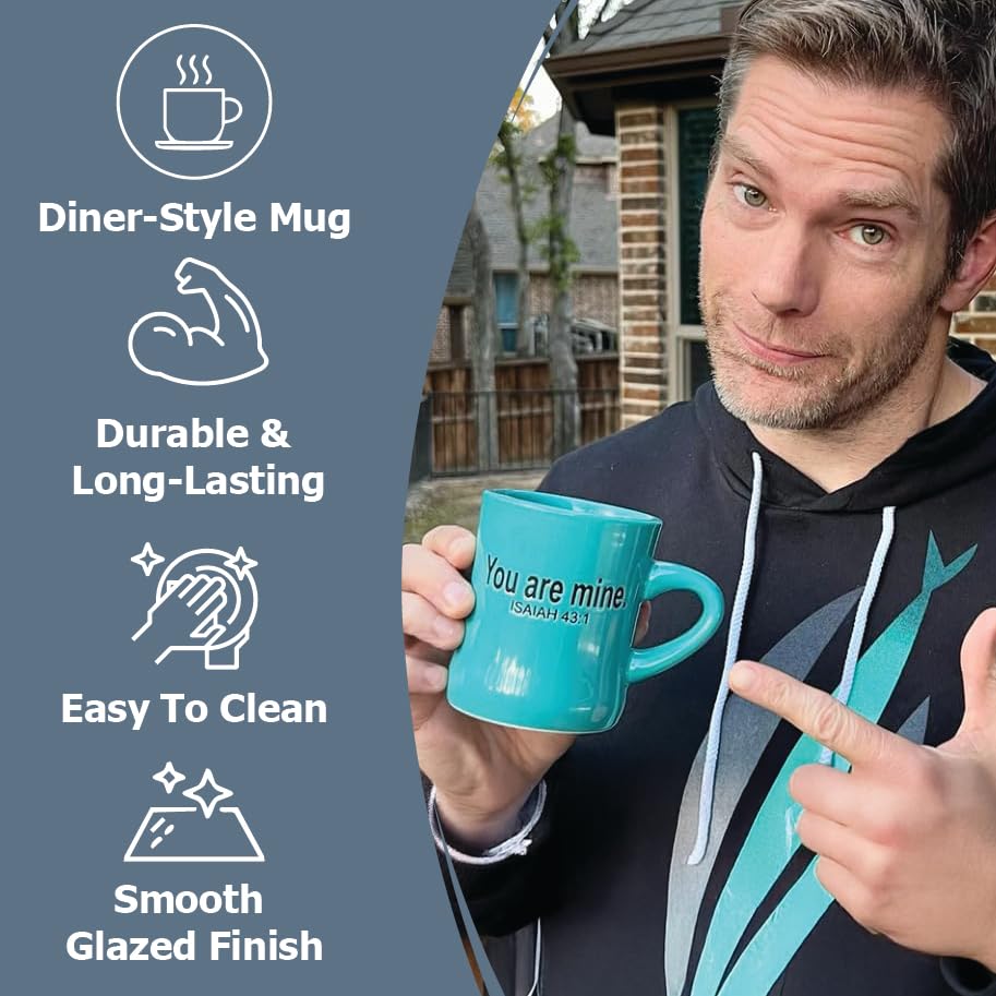 Close-up of the teal mug with the Isaiah verse detail for daily inspiration.