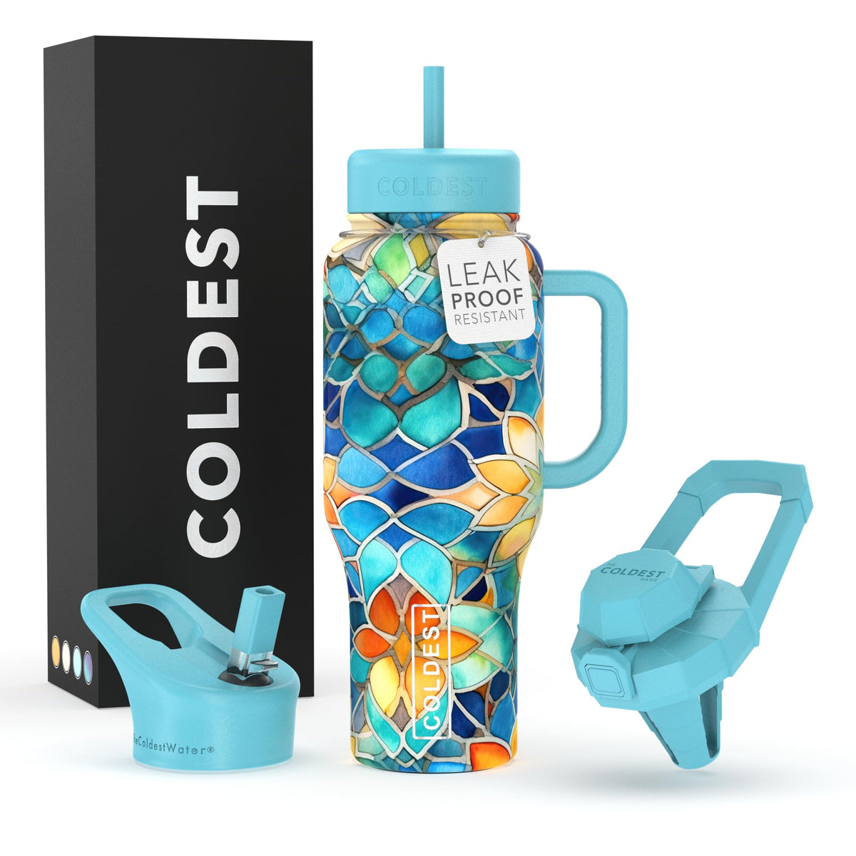 The Coldest Water 36oz tumbler with handle and straw for easy on-the-go hydration.