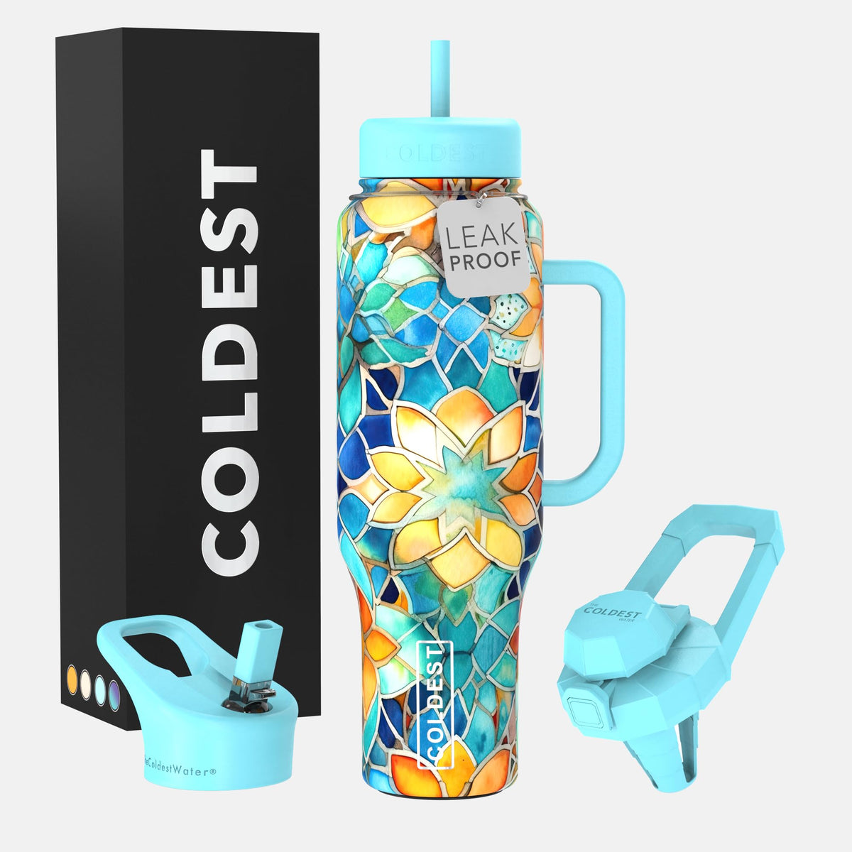 The Coldest Water 46 oz tumbler with handle and straw for leak-free Morrocan Vibes