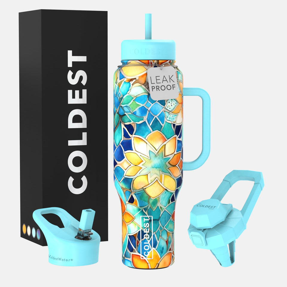 The Coldest Water 46 oz tumbler with handle and straw for leak-free Morrocan Vibes
