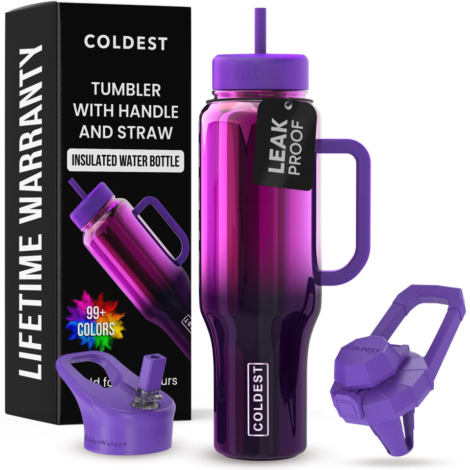 The Coldest Water tumbler with handle and straw in Purple Nova, 46oz, ideal for all-day hydration.