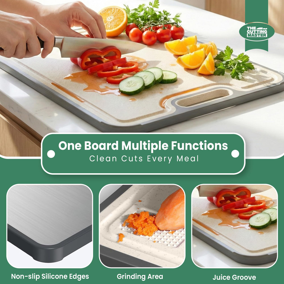 The Cutting Master easy-to-clean non-porous surface cleans quickly after prep.