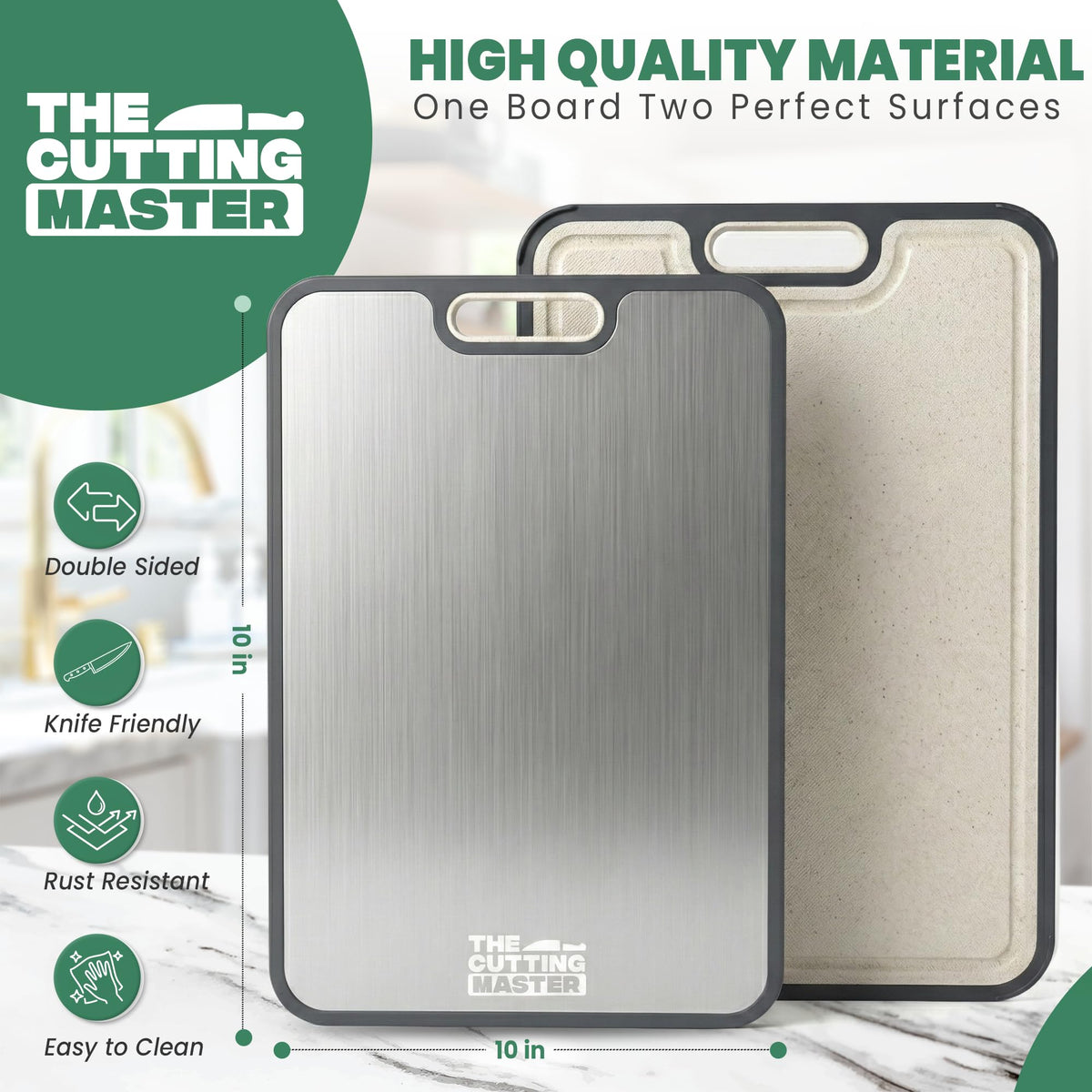 The Cutting Master titanium cutting board produce side for fresh veggie prep.