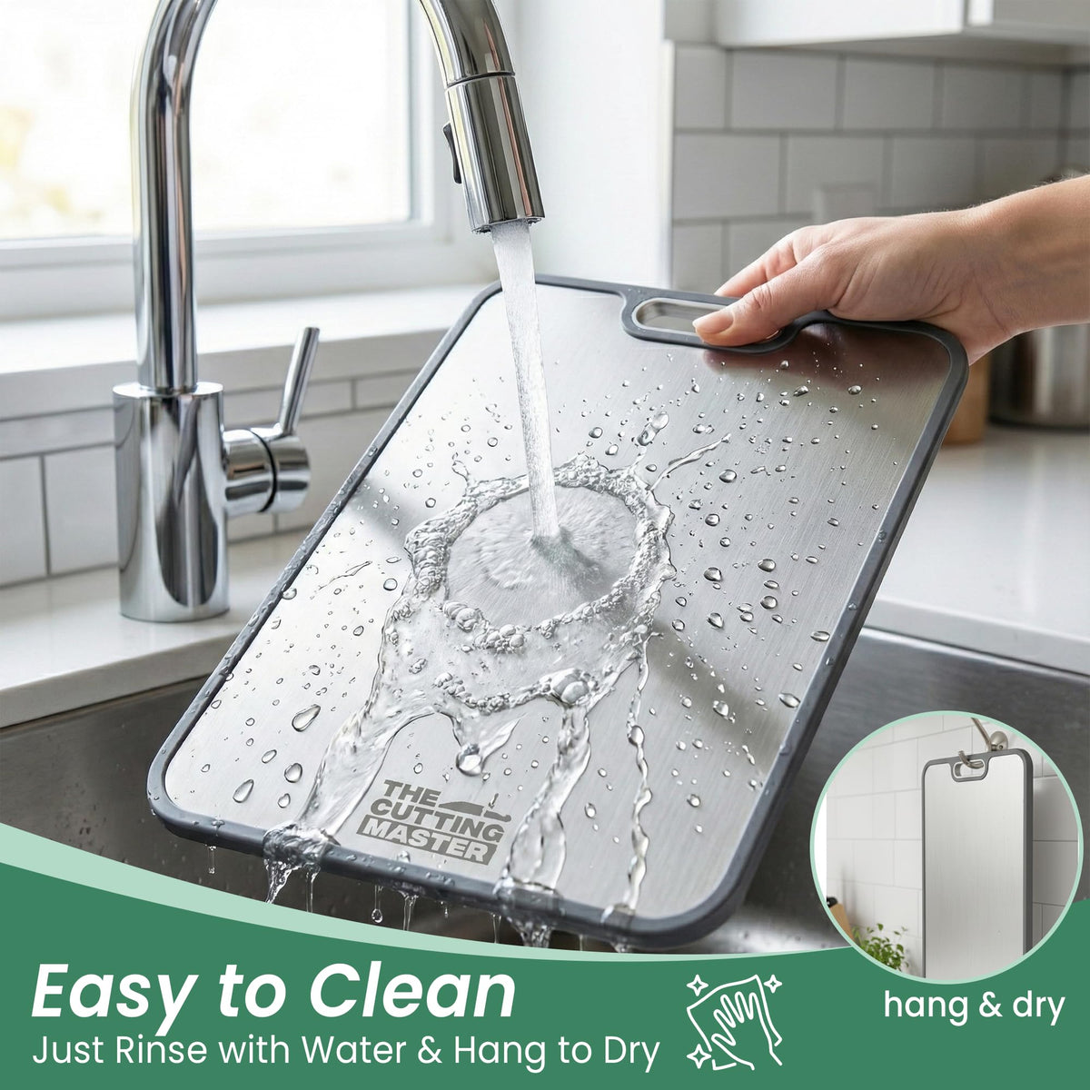 The Cutting Master board's deep juice groove catches liquids to protect counters.