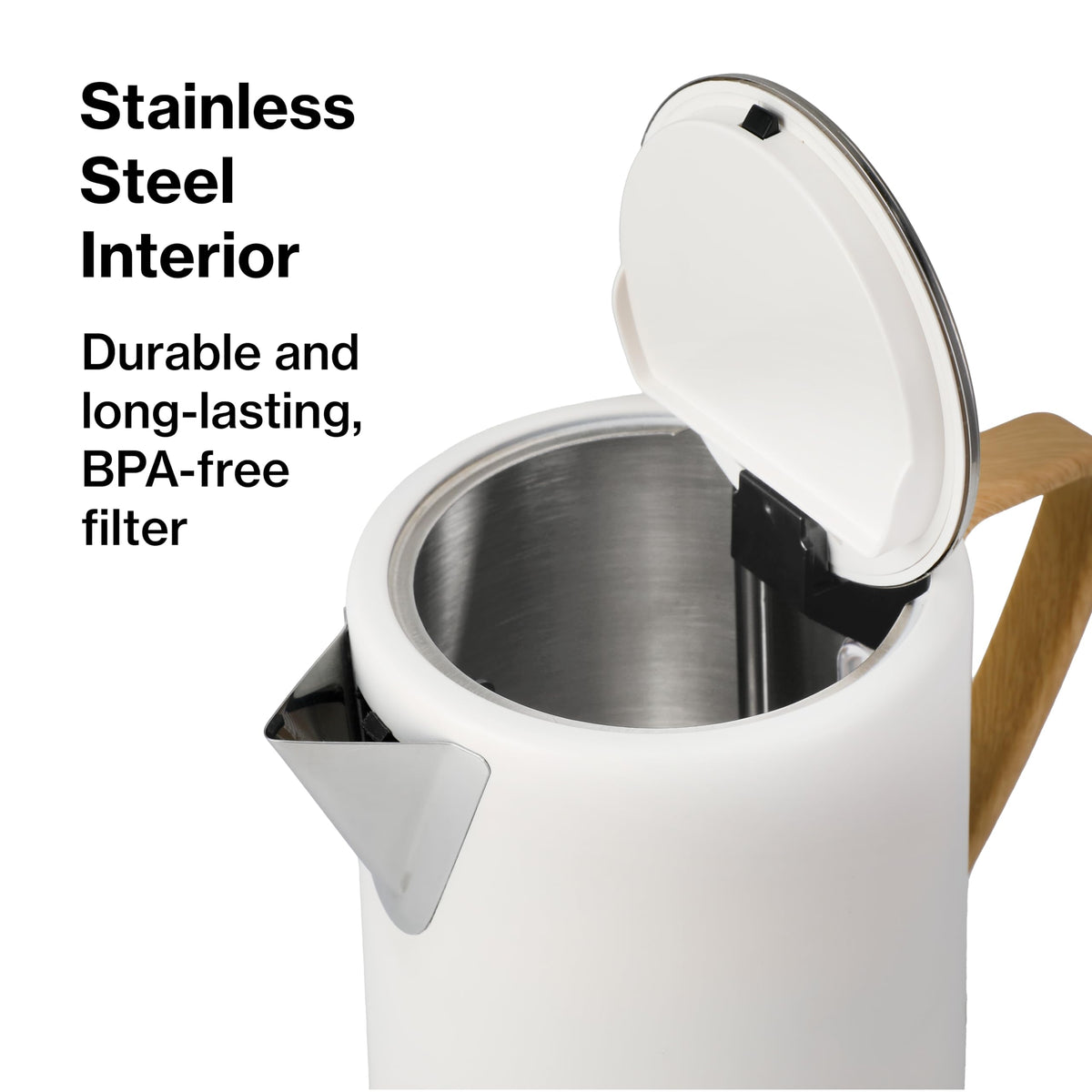 Removable filter keeps mineral debris out for cleaner brewing.