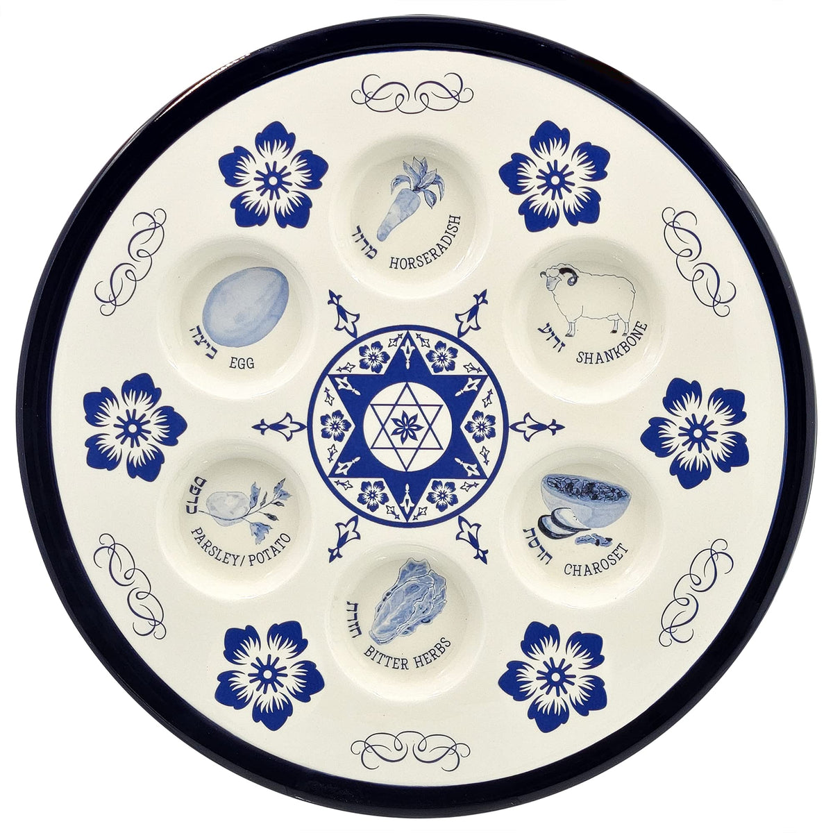 The Dreidel Company Seder Plate exterior showcases elegant blue Renaissance design for a refined Passover table.