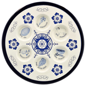 The Dreidel Company Seder Plate exterior showcases elegant blue Renaissance design for a refined Passover table.