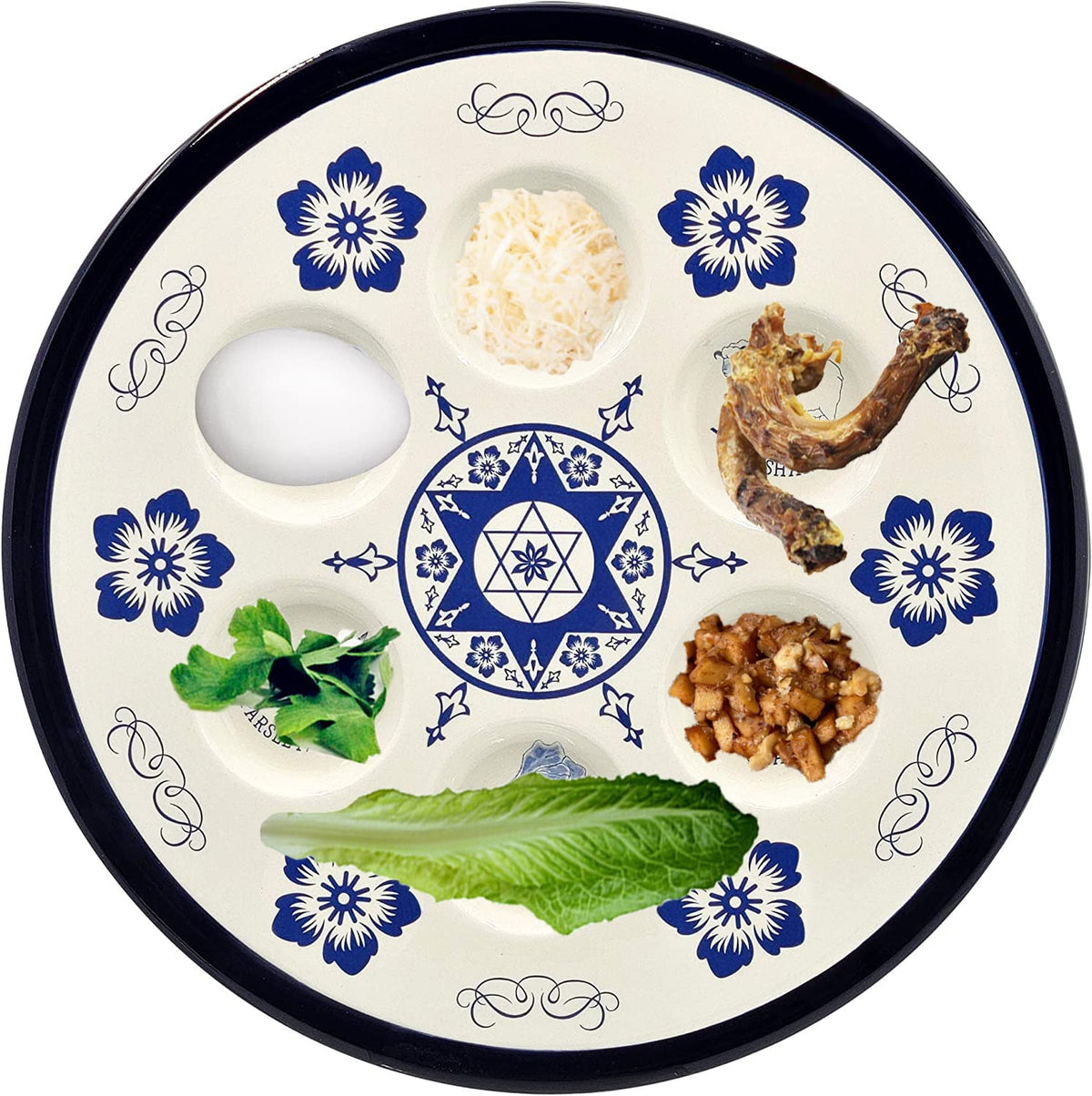 Six indentations for ritual foods on The Dreidel Company Seder Plate with blue Renaissance design.