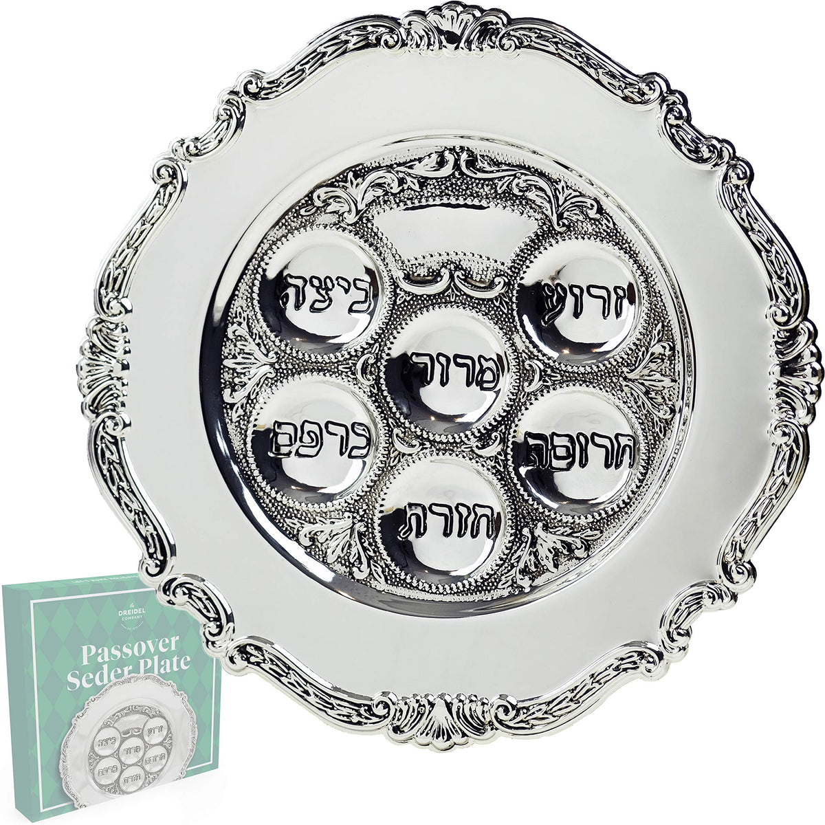 The Dreidel Company classic Seder plate with 12-inch silver shine for elegant Pesach