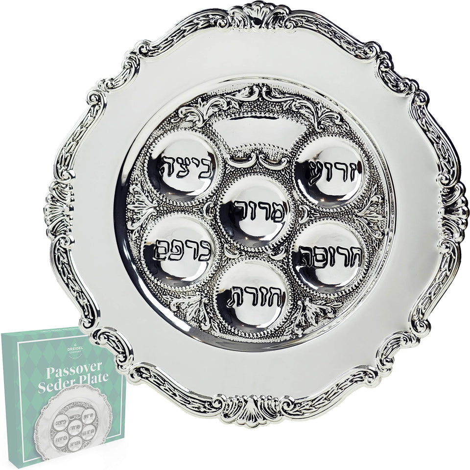 The Dreidel Company classic Seder plate with 12-inch silver shine for elegant Pesach