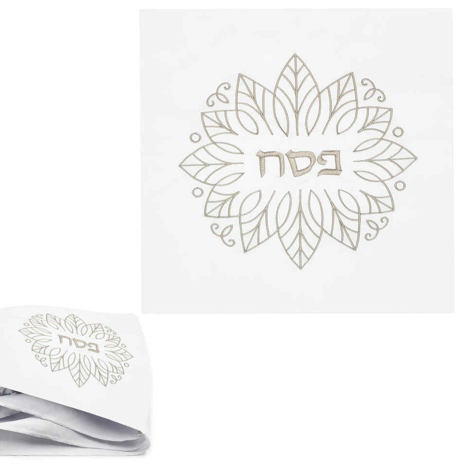 The Dreidel Company embroidered matzah bag with silver leaf design, 13x13 cover keeps matzah neatly arranged