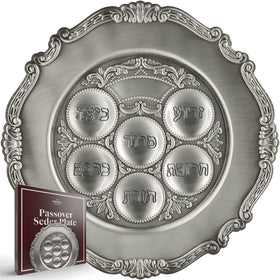 The Dreidel Company pewter Seder plate full view on Pesach table.