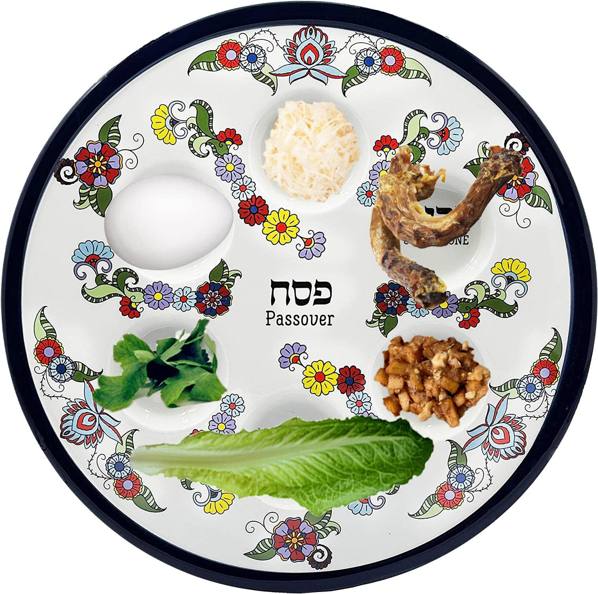 The Dreidel Company Seder plate with blue floral pattern highlighting six ritual indentations.