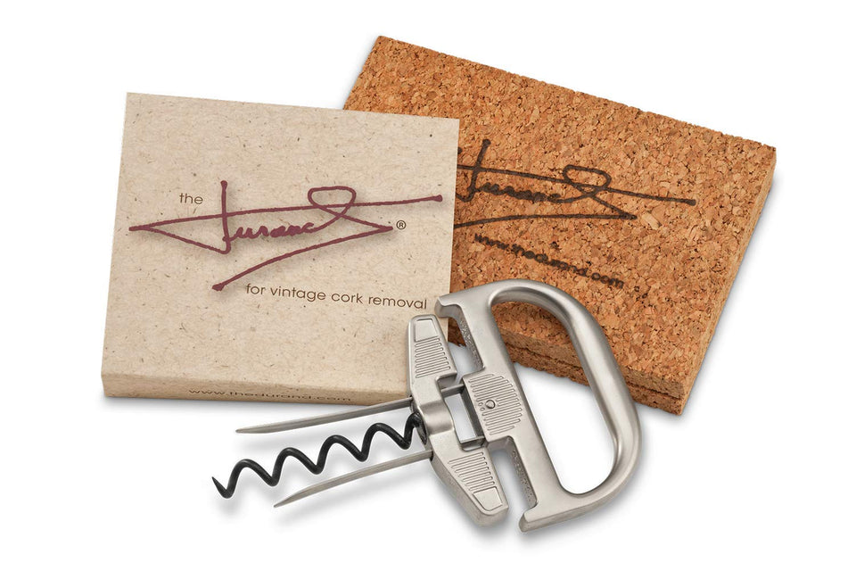 The Durand two-part device setup enables safe cork removal for aged wines.