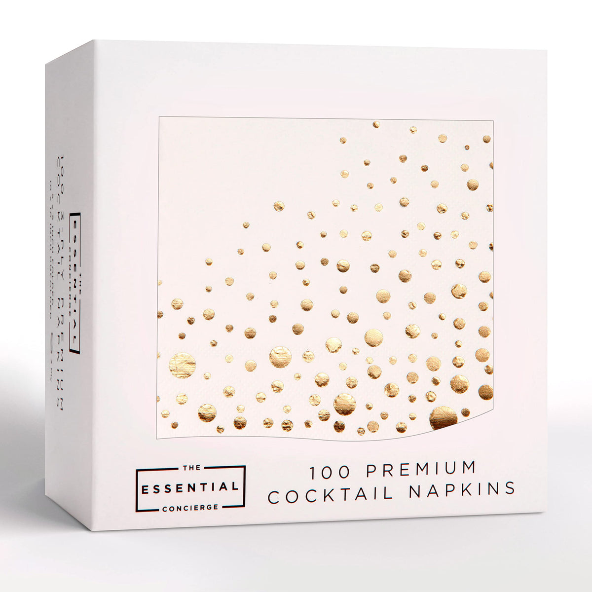The Essential Concierge gold cocktail napkins in a 100 pack, ideal for 5x5 drinks and bites