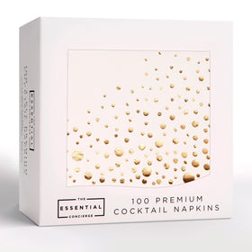 The Essential Concierge gold cocktail napkins in a 100 pack, ideal for 5x5 drinks and bites