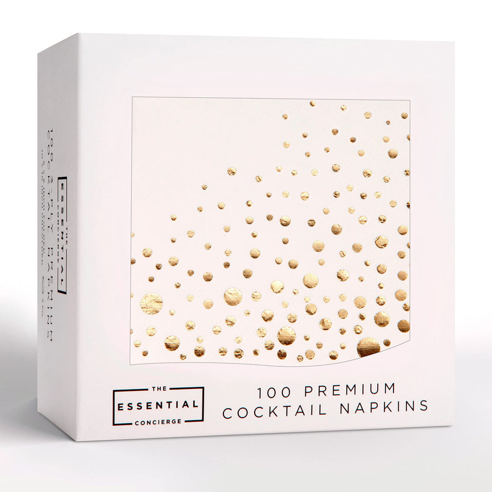 The Essential Concierge gold cocktail napkins in a 100 pack, ideal for 5x5 drinks and bites