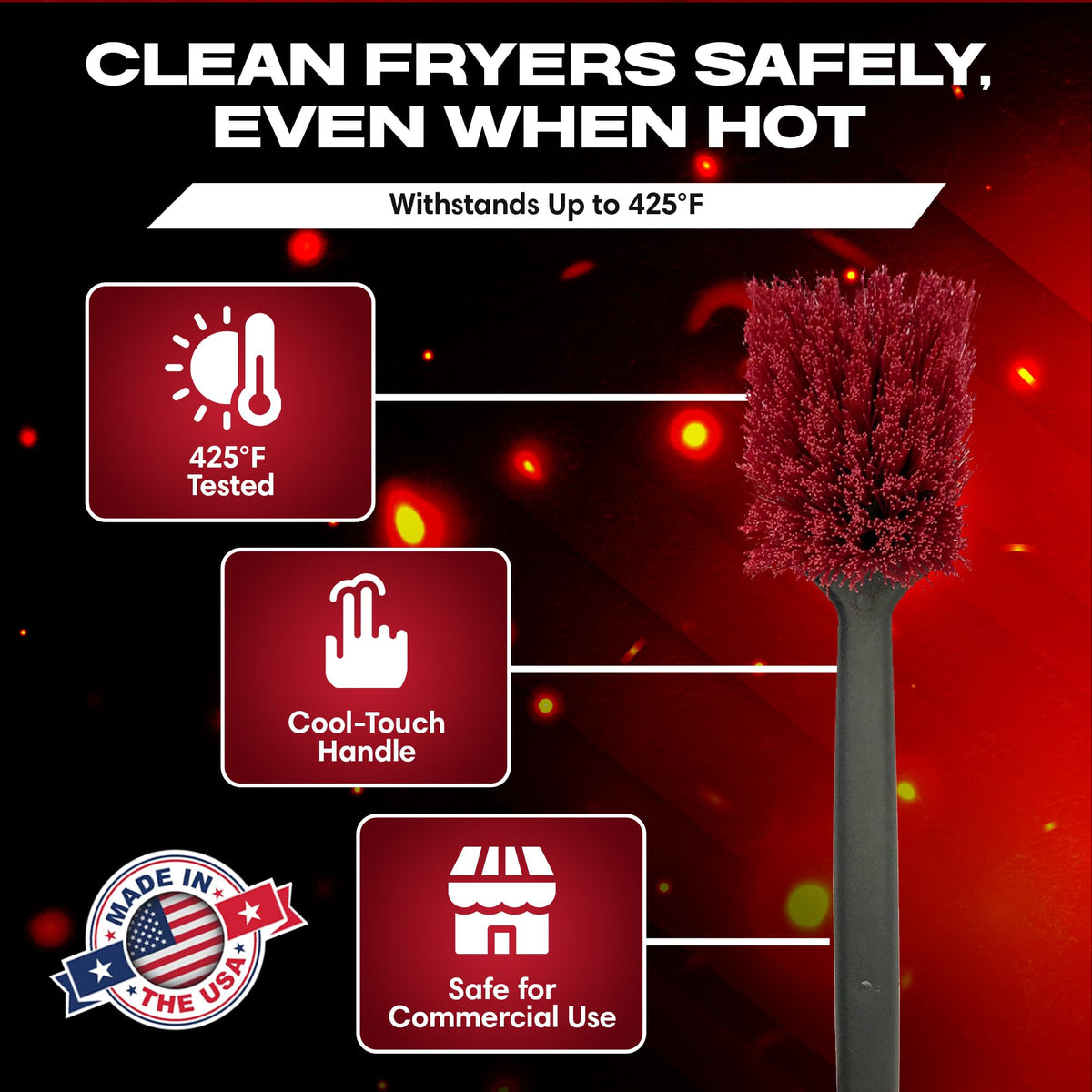 THE FRYOILSAVER COMPANY 425f heat-bristles clean hot surfaces safely for fast scrubbing