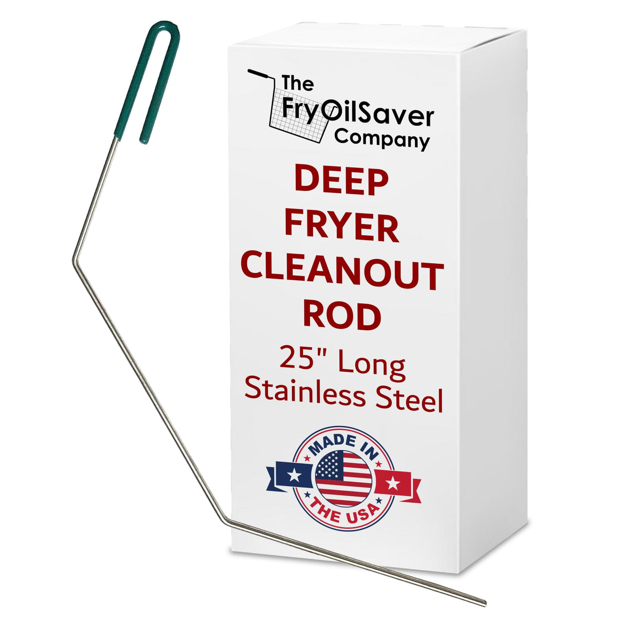The FryOilSaver Co angled deep fryer cleanout rod clears clogged drains for smoother oil flow.