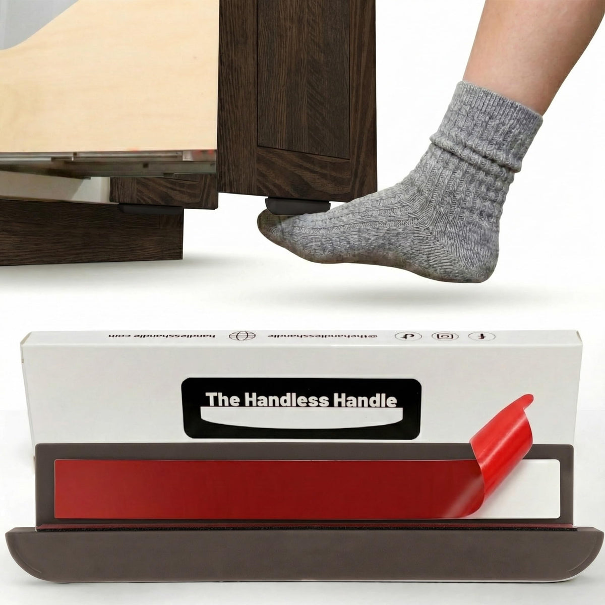 The Handless Handle foot-pull enables hands-free cabinet access with brown finish.