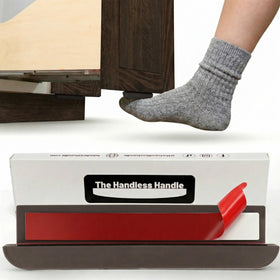 The Handless Handle foot-pull enables hands-free cabinet access with brown finish.