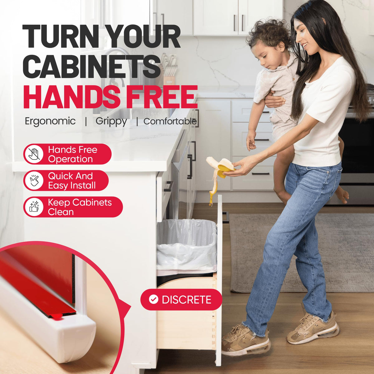 The Handless Handle in action enables hands-free trash access with a simple foot pull.