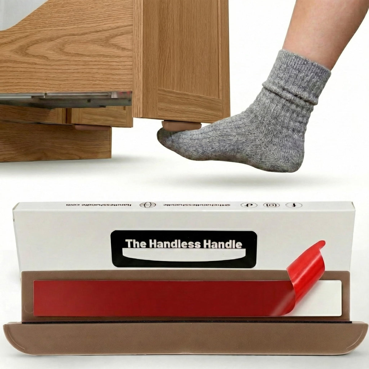 The Handless Handle installation steps show quick, tool-free setup for kitchens.