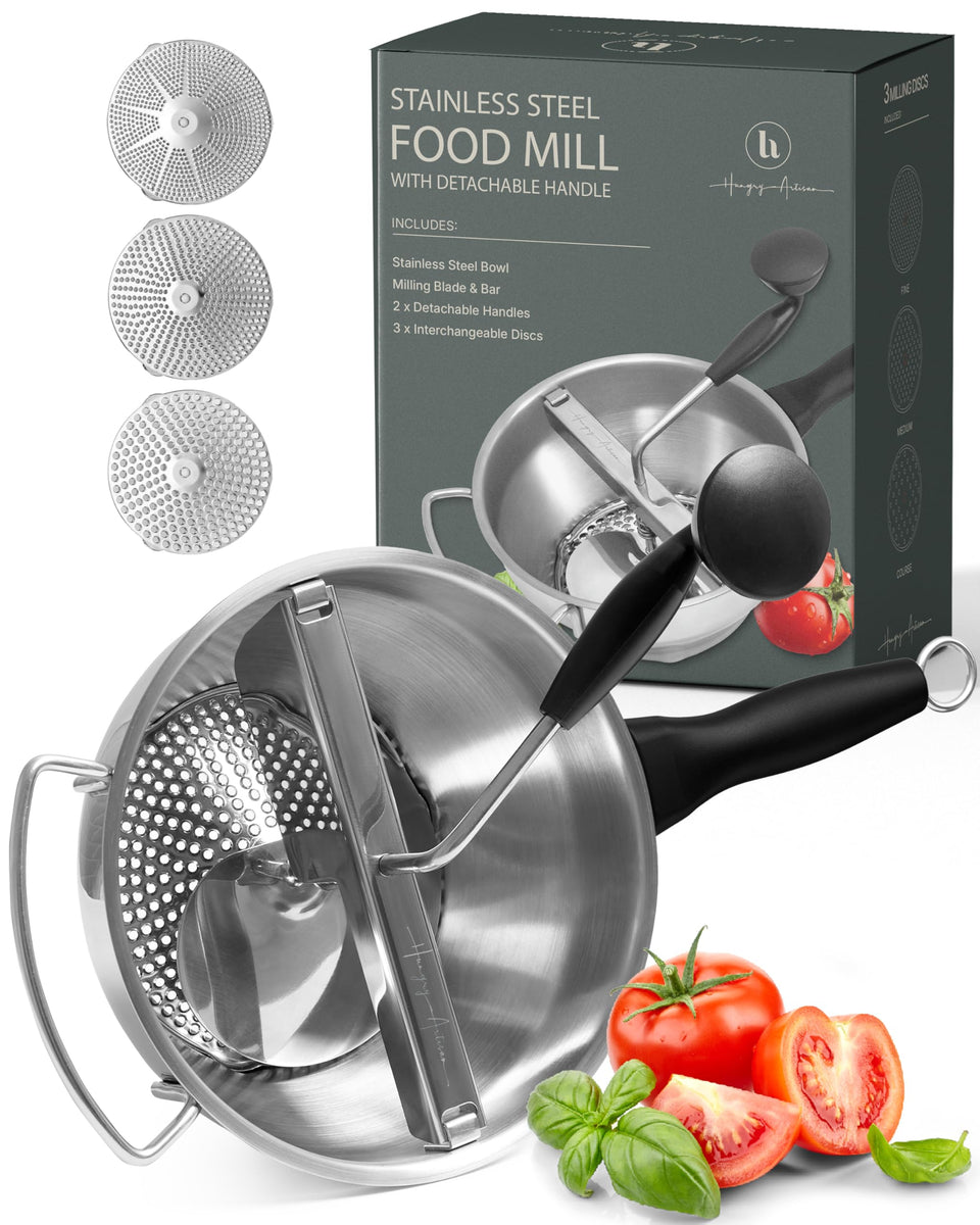 The Hungry Artisan compact food mill with 3 discs for versatile texture control.